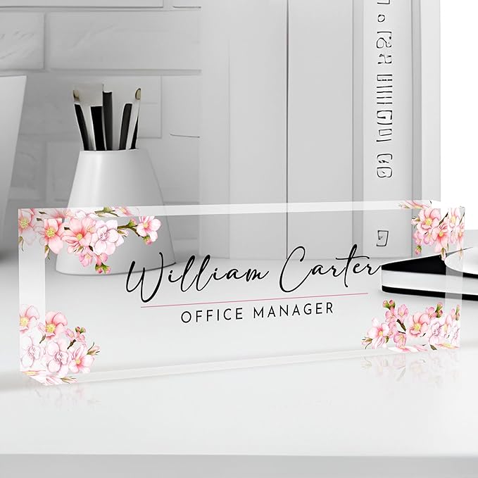 Personalized Name Plate for Desk Custom Acrylic Desk Name Plate Custom Employee Appreciation Gifts Office Gifts for Women, Men, Boss, Coworkers, Teacher, Nurse (Sakura A)