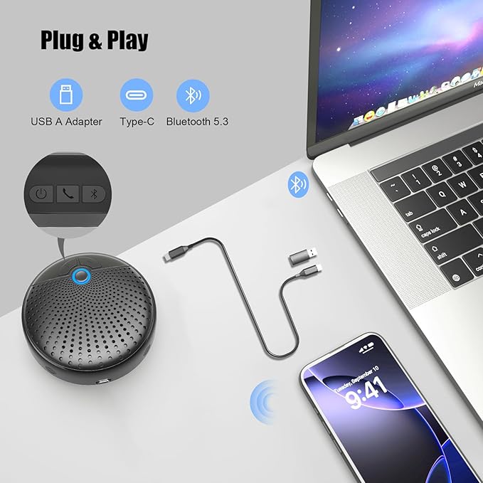 BALILA CM900 Conference Speaker and Microphone, 4 AI Mics 360° 20ft (7m) Voice Pickup, Noise Reduction, USB C & Bluetooth 5.3 (20m & 66ft) Speakerphone for 16 People, Compatible with Leading Platforms