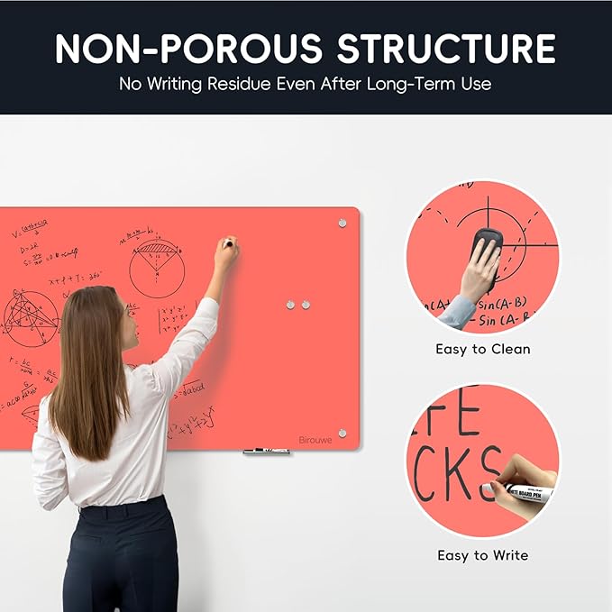 Magnetic Glass Whiteboard - 48"x36" Frameless Dry Erase Board for Walls, Red