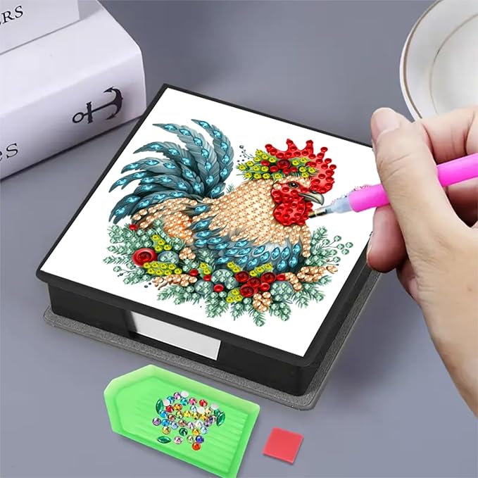 Chicken Diamond Painting Note Box,Memo Paper Storage Box Diamonds Art,Sticky Note Pad Holder Diamond Art,Diamonds Painting Memo Pad For Office Desk
