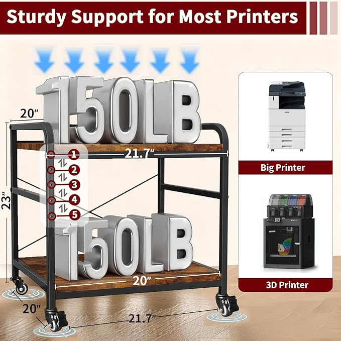TFK 2 Tier Large Printer Stand with Storage, 20 x 20 Inches Under Desk Printer Table with Adjustable Shelf, Rolling Printers Cart with Wheels for Home Office, Fits Fax /3D Printer/Scanner, Brown