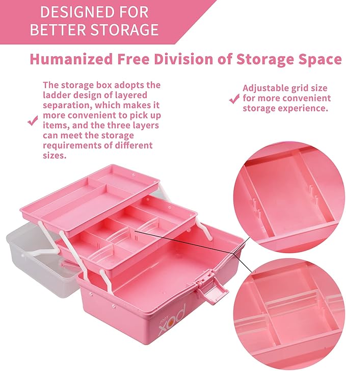 12in 3-Layer Plastic Craft Organizers and Storage, Portable Folding Tackle Box with Handle & Adjustable Dividers, Multipurpose Case for Sewing, Art Supplies, Medicine, Tools (Pink)