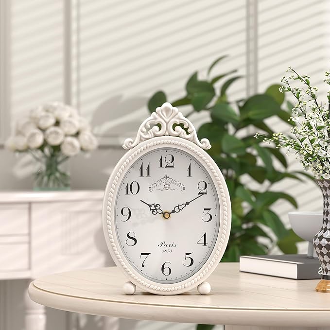 Abdurey Vintage Table Clock on Stand, Desk and Shelf Decorative Clock, French Rustic Style Antique White Mantel Clocks for Living Room,Farmhouse,Bedroom,Bedside,Gift Clocks