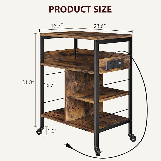 GarveeLife Printer Stand with Power Outlets, 4-Tier Rolling Printer Table with Lockable Wheels, Heavy Duty Printer Cart with Storage, Utility Storage Cart for Home, Office, Brown