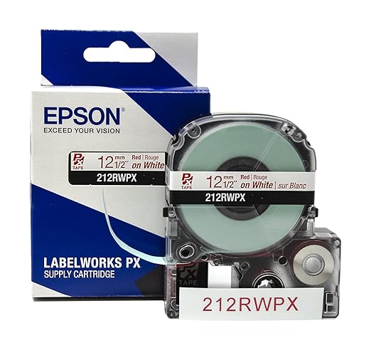 Epson LABELWORKS 212RWPX Genuine PET (Polyester) Tape Cartridge - Red on White Label Maker Tape - 1/2" (12MM) Wide, 30'