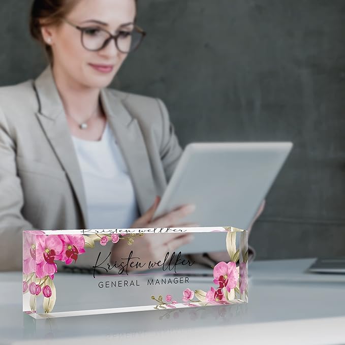 Personalized Name Plate for Desk Custom Acrylic Desk Name Plate Custom Employee Appreciation Gifts Office Gifts for Women, Men, Boss, Coworkers, Teacher, Nurse (Butterfly Orchid)
