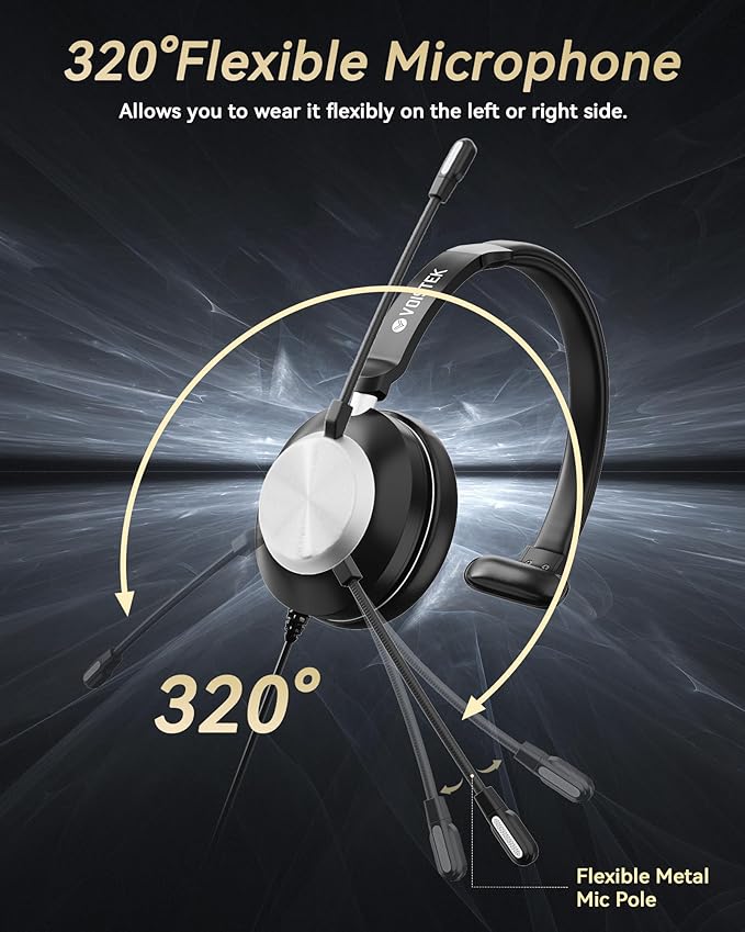 Voistek USB Headset with Microphone for PC, Wired Work Headset (One Ear) Computer Headphones with Noise Cancelling Mic, Mute, Volume Controls for Office Call Center Home Work Skype Zoom Team Meetings