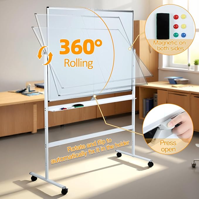 47 x 35 in Double Sided Rolling Whiteboard, Mobile Whiteboard Magnetic White Board - Large Reversible Dry Erase Board Easel Standing Board on Wheels with Stand