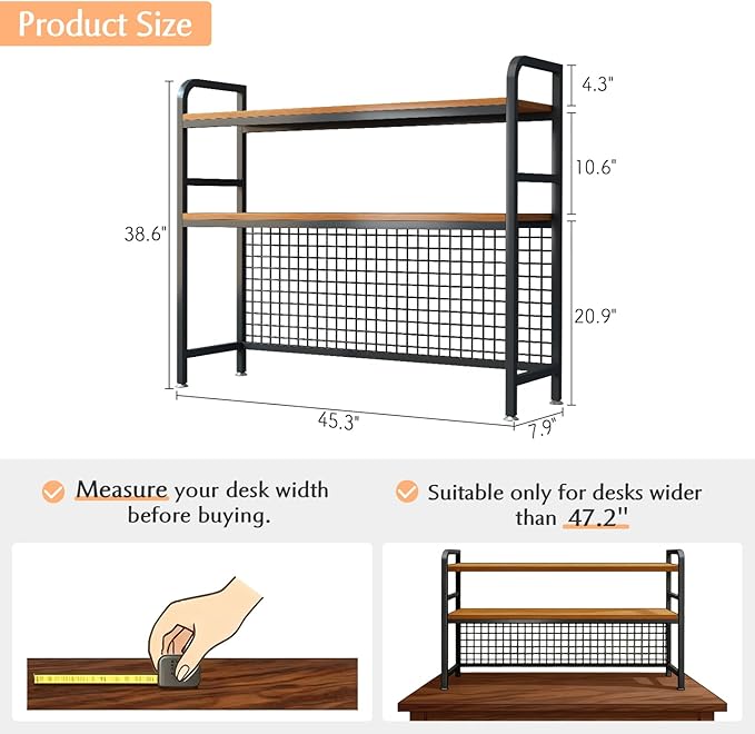 IOTXY 2-Tier Desktop Hutch Bookshelf - Metal Desk Shelf Bookcase with Grid Panel, Countertop Storage Organizer Rack for Dorm or Office, Black, 45.3" W