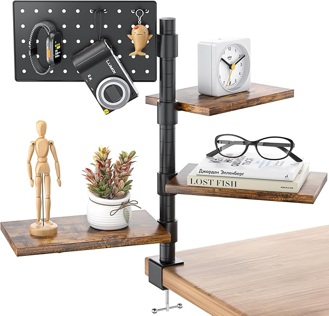 3-Tier Clamp On Desk Shelf, Adjustable 360° Rotatable Above or Under Desk Storage Shelves Holds 33 lbs, Heavy Duty Desktop Organizer with Pegboard Accessories ＆ 3 Hook for Home Office Dorm