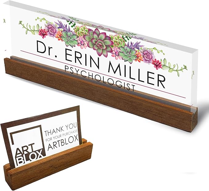 Artblox Office Personalized Name Plate for Desk with Business Card Holder On Clear Acrylic Glass Succulents Flowers Design Custom Desk Name Plate with Your Name and Credentials Customized Gift