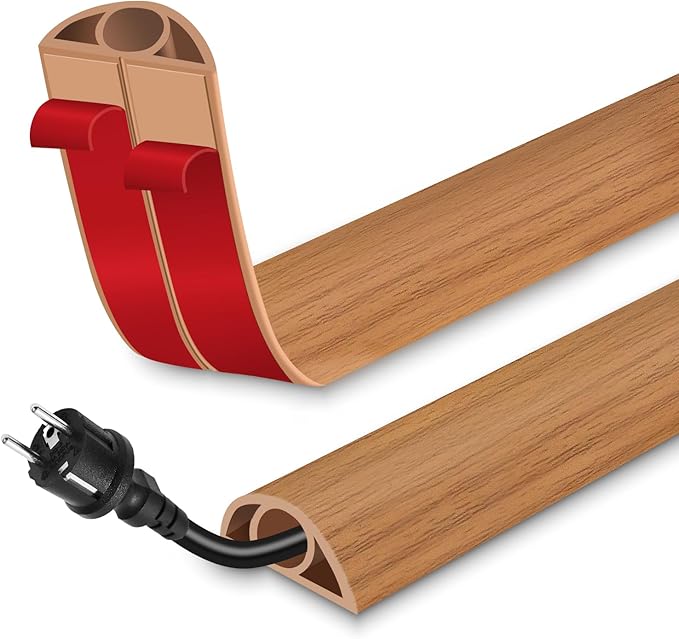 Floor Cord Cover for Wires on Floor Self Adhesive Cord Hider Floor Cable Management Wire Covers for Cords Protector Prevent Cable Trips Cord Cavity W 0.32" x H 0.32", Brown Wood, 10Ft