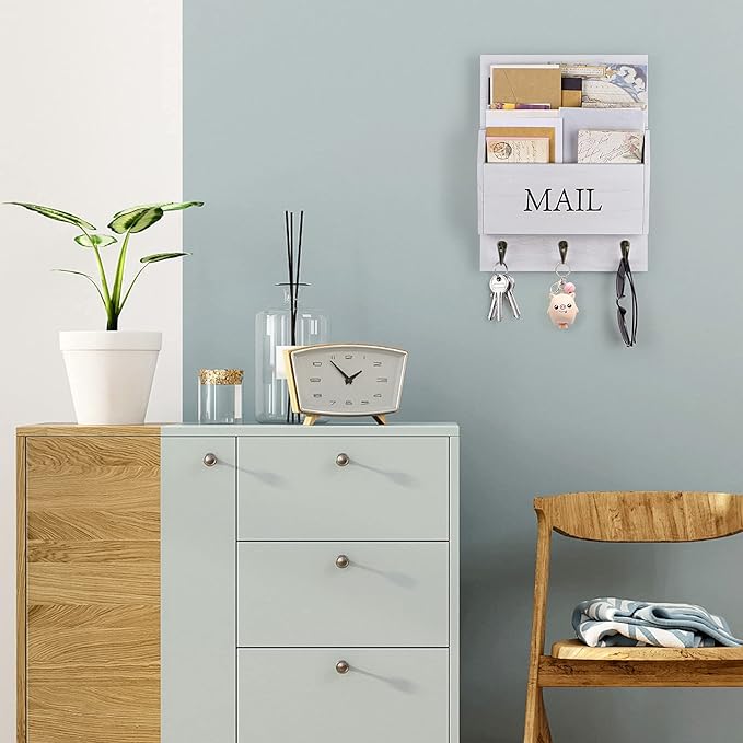 DLQuarts Mail Organizer with Key Holder for Wall Decorative Mail Sorter Wall Mounted, Wooden Mail Holder with 3 Hooks, White