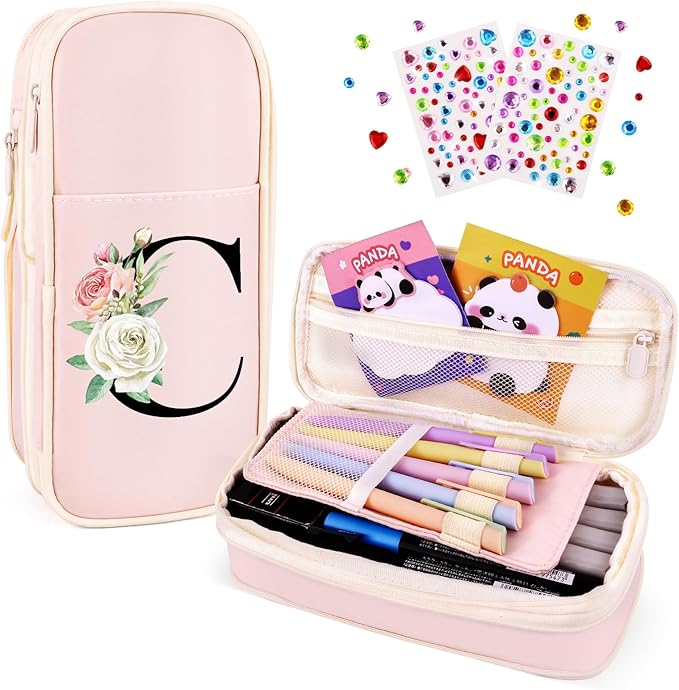 Preppy Pencil Case for Girls, Cute Large Pencil Pouch, Personalized Initial Pencil Bag with Zipper for School College Office Supplies, Back to School Supplies Gifts for Teen Girls (C, Pink)