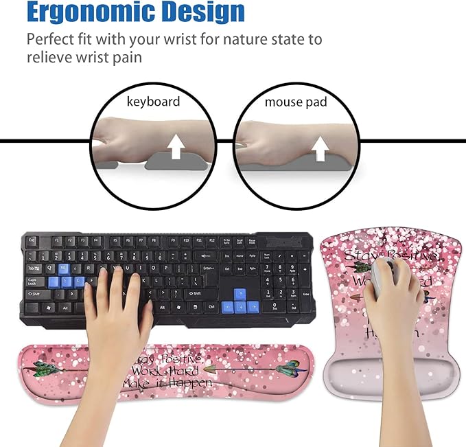 Keyboard Wrist Rest and Mouse Pad Wrist Support Set with Coasters, Inspirational Quote Stay Positive Work Hard and Make It Happen Wrist Mouse Pad with Non-Slip PU Base for Home Office Working Studying