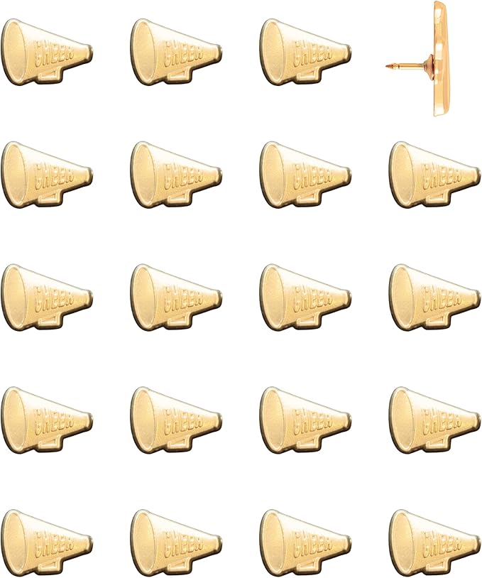 Cheer Megaphone Push Pins - Gold Cheerleading Megaphone Pins for Cork Boards, Maps, or Lapel Use - Designed in USA - Set of 20