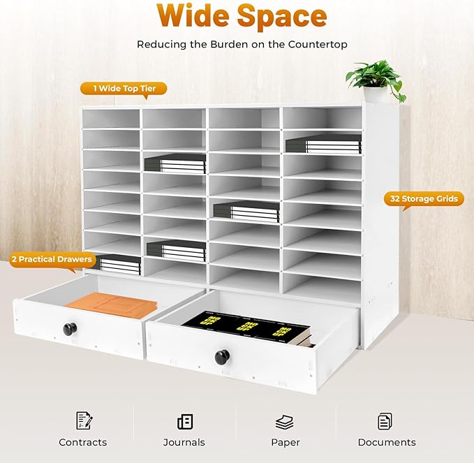 DYRABREST 32 Slot Literature Organizer Adjustable Desktop File Sorter with 2 Drawers, Stackable Office Mail Sorter 32 Compartments Magazine Holder Paper Storage Cabinet for Office Home School