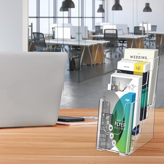 zavekia 2 Pack 4 Tier Acrylic Brochure Holder , 4-Inch Wide Clear Literature Holder Acrylic Pamphlet Holder Brochure Display Stand