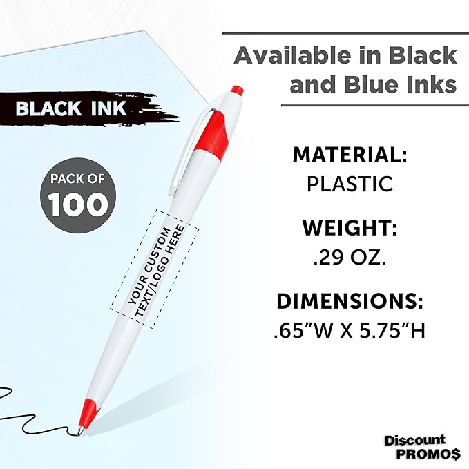 DISCOUNT PROMOS Custom Slim Curvy Ballpoint Pens Set of 100, Personalized Bulk Pack - Black Ink, Retractable, Great for Office, School, Tradeshows - Red
