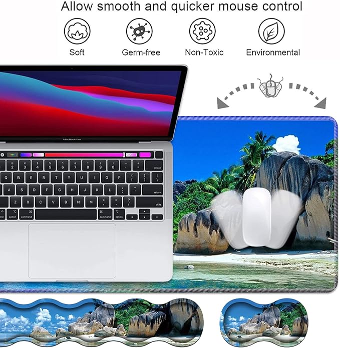 Ergonomic Keyboard Wrist Rest & Mouse Pad Wrist Rest Set, Large XXL Gaming Desk Mat 31.5"x 11.8",Non-Slip Base, Memory Foam,Easy Typing Pain Relief for Office & Home, Beaches Scene France Seychelles