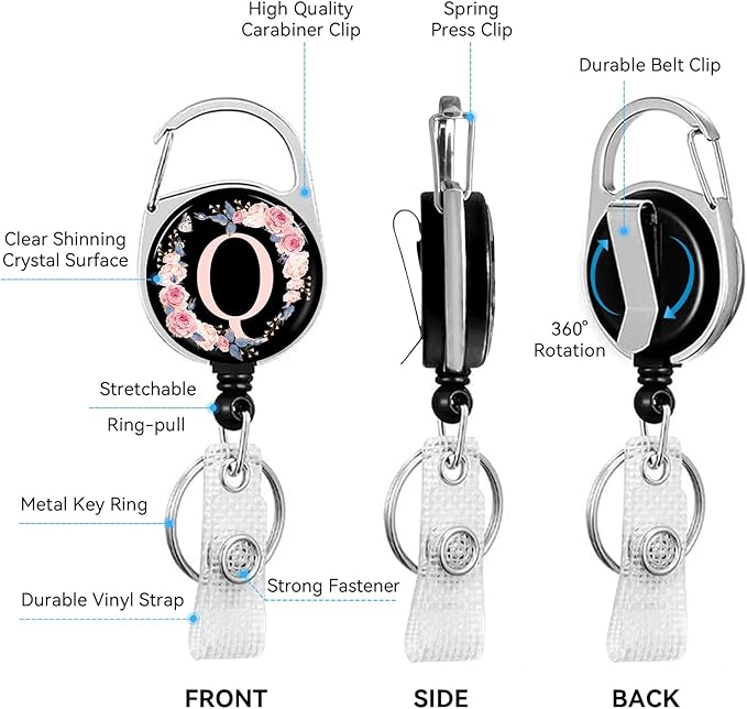 2 Pack A-Z Letter ID Badge Holder with Clip Badge Reels Retractable Heavy Duty,Keychain，ID Holder for School Nurse Office Q