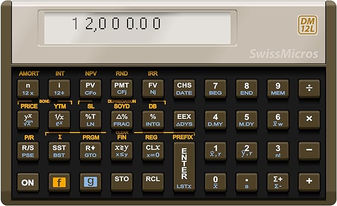 SwissMicros DM12L RPN Financial Calculator – HP 12C Inspired | Titanium Shell | TVM, NPV, IRR & Bonds | USB | Professional Gold Class