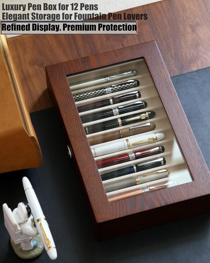 12-Slot Fountain Pen Collector Case – Lockable Wooden Organizer with Glass Display Top, Premium Storage Box for Writing Instruments and Gift for Men