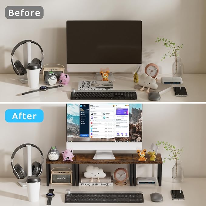 Aothia Wood Desktop Shelf for Top of Desk - 2-Tier Adjustable Bookshelf Organizer, Freestanding Stackable Shelves for Office, Home, Kitchen Counter (Rustic Brown)