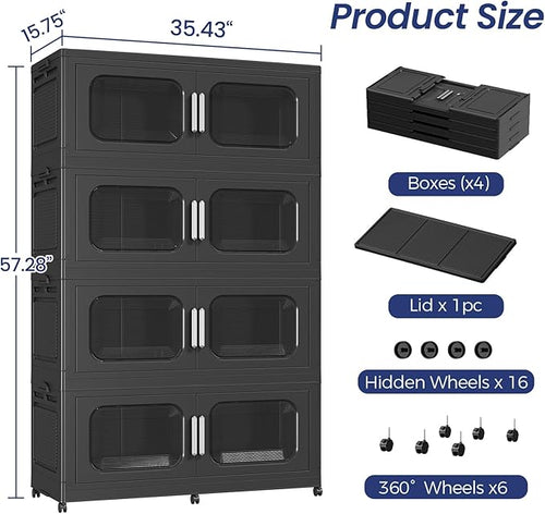 200GAL Extra Large Storage Bins with Lid, 800QT Storage Bins with Wheels, Folding Closet Organizer, Stackable Collapsible Plastic Storage Containers for Home, Office, Kitchen, 4Pack Black