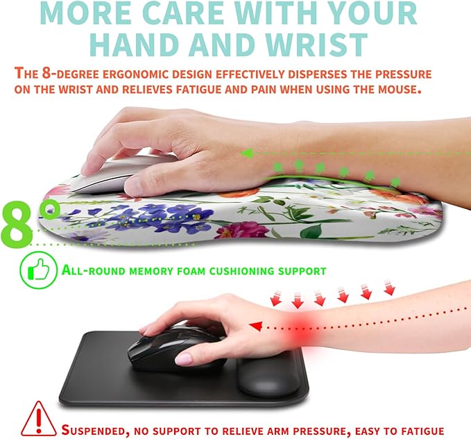 Ergonomic Mouse Pad Wrist Support with Memory Foam Massage Bulge, Carpal Tunnel Pain Relief Mousepad Wrist Rest for Mouse(12x8 inch, Flowers)