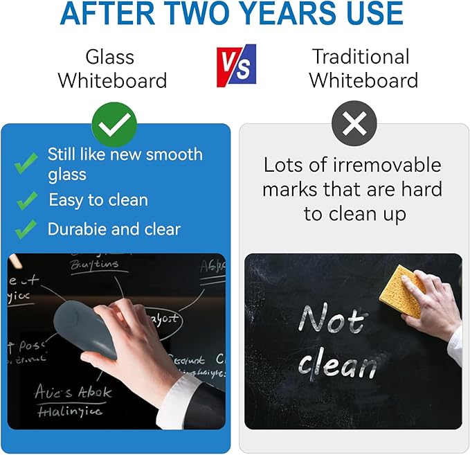 Glass Dry Erase Black Board - Magnetic Blackboard 48"X36" Frameless Whiteboard Clear Glass Boards with Super Strong Magnets, Wall Mounted for Office, Classroom and Home