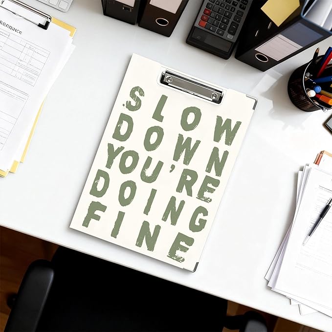 FTKBGHY Sage Green Inspirational Clipboard with Storage, Slow Down You're Doing Fine Motivational Metal Clipboard for Nurses Teachers Students School Office Desk Accessories, 12.4x9.25 Inch