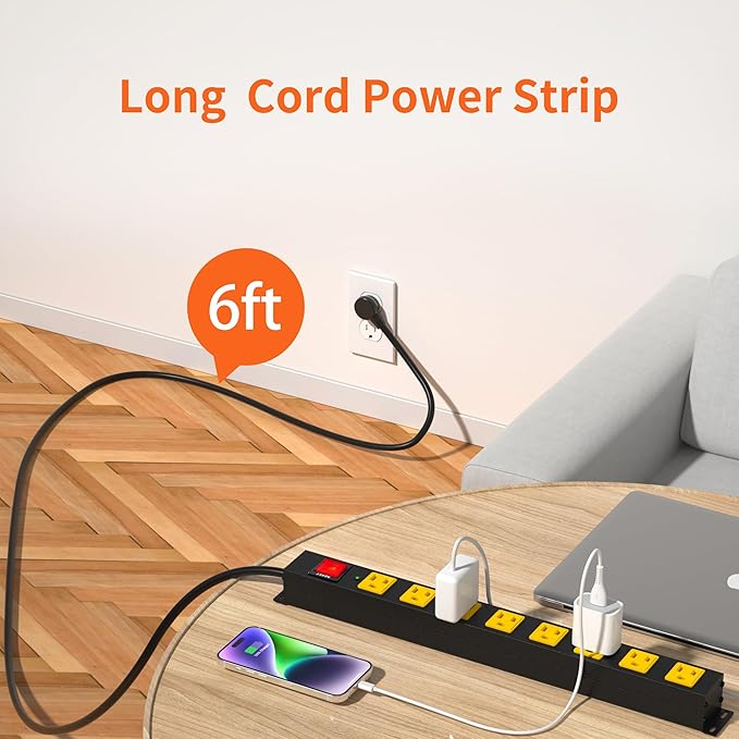 8 Outlet Metal Heavy Duty Long Power Strip, 2100J Surge Protector with 6 FT Extension Cord, Wide Spaced and Wall Mount Powerstrip for Home, Industrial, Workshop & Garage (6FT)