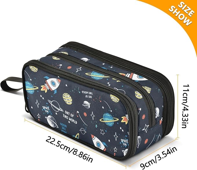 Space Rocket Planet Pencil Case Box Boys Girls Large Pencil Pouch with Zipper Compartments Big Capacity Stationery Pen Bag Organizer for Kids Teens Adults School Office