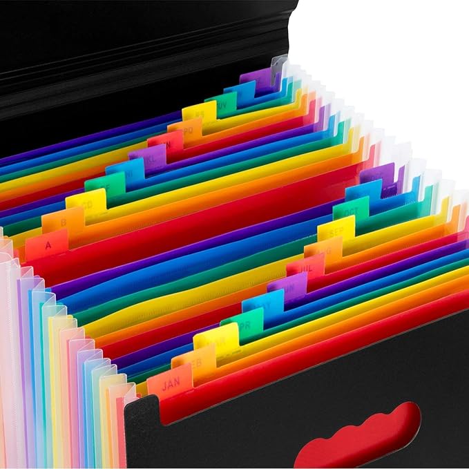 Uquelic 24 Pocket Expanding File Folder with Cover - Large Plastic Rainbow Expandable File Organizer Self Standing Accordion A4 Document Folder Wallet Briefcase Business Filing Box