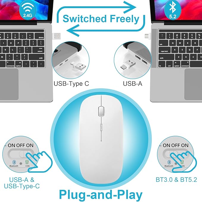 Mouse for MacBook Wireless Bluetooth Mouse Laptop MacBook Air Mac Pro Rechargeable Silent PC iPad Optical Mice with Dual Mode Switch Bluetooth 5.2/3.0 and 2.4GHz USB Type-C Receiver Gray