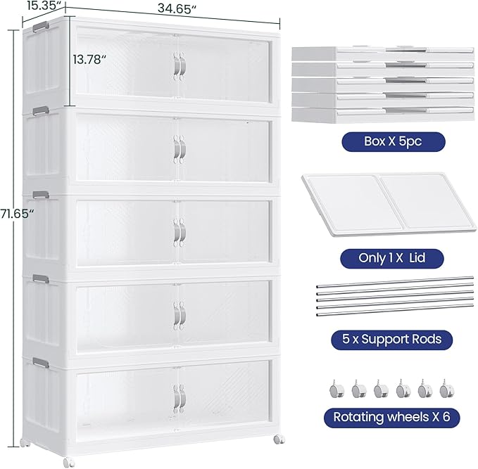 1200QT Extra Large Stackable Storage Bins with Lid, 300Gal Plastic Closet Organizers and Storage Drawer, Collapsible Cabinet Box with Wheels Clear Doors for Home Kitchen Office, 5Pack White