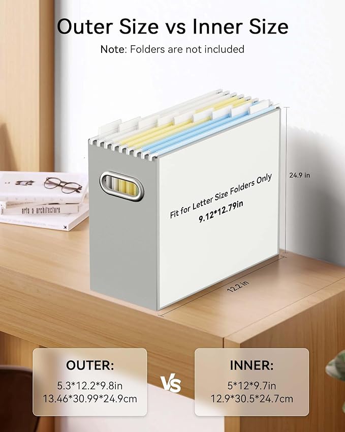 Oterri Cardboard File Organizer Box for Hanging File Folders Letter Size,File Box for Computer Desk,File Cabinet,Working Home,Office,Classroom (Grey, Letter Size - 2 Packs)