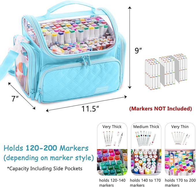 Large Marker Organizer Case Holds 150-200 Markers | Art Marker Storage Bag with Removable Dividers & Clear Top for Artists, Crafters & Travel - Pen, Pencil Alcohol Marker Holder - Art Supply