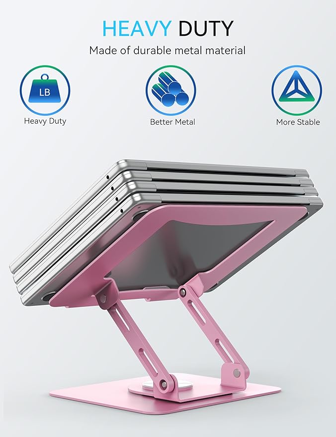 SOUNDANCE Laptop Stand with 360° Rotating Base, Ergonomic Computer Riser for Desk, Adjutable Height Muti-Angle, Foldable Laptop Mount, Stable Metal Holder Support 10-15.6" Notebook PC, Pink