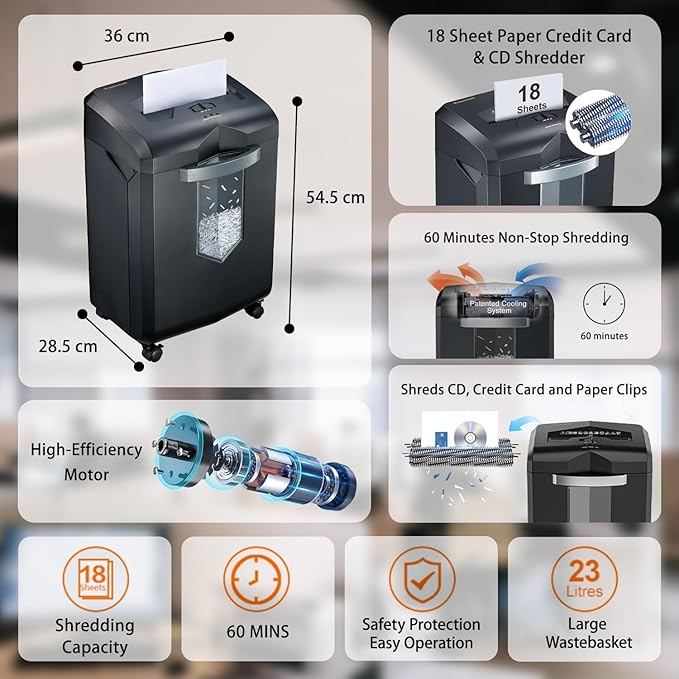 bonsaii 18 Sheet Heavy Duty Cross-Cut Paper and Credit Card Shredder, 6 Gallon Pullout Basket and 4 Casters, Black