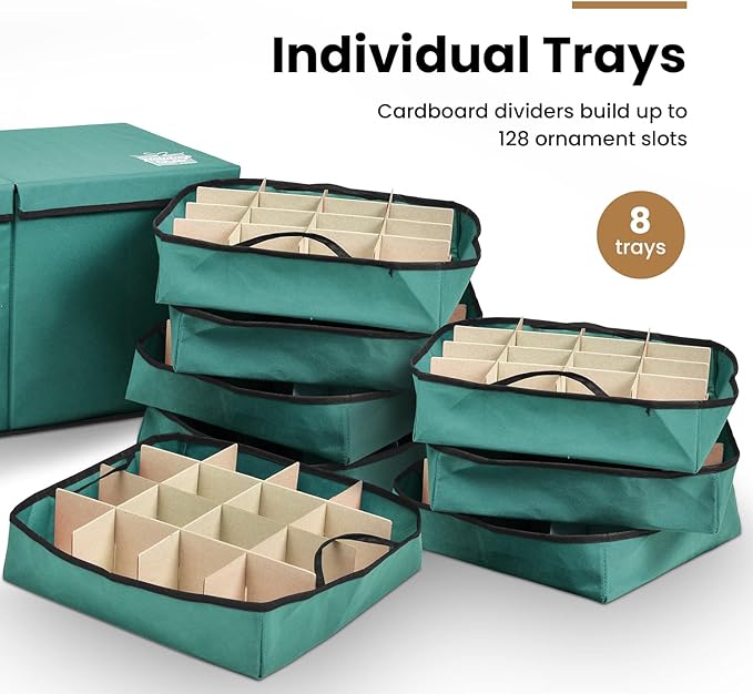 Holiday Cheer Premium Christmas Ornament Storage with 8 Tray – Christmas Storage Container with Dividers Perfect for Holiday Decorations– Fits 128 Holiday Ornaments – Tear-Proof Fabric