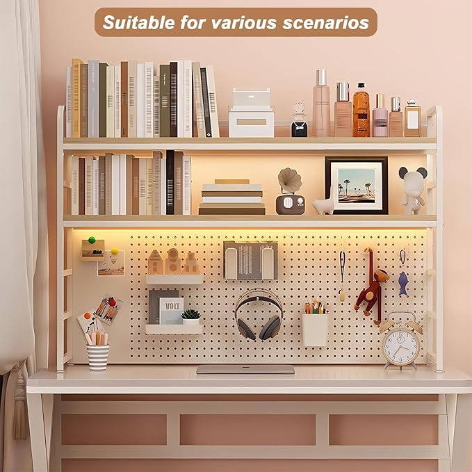 2-Tier Desktop Bookshelf Hutch - Metal Desk Shelf Bookcase with Desk Pegboard Countertop Storage Organizer Rack for Dorm or Office (A, 70cm/27.5in)