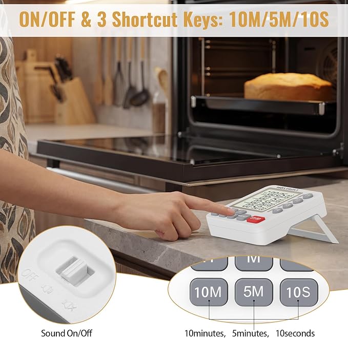 Digital Dual Kitchen Timer, 4 Channels Independent Countdown Timer, Large Display, On/Off, Loud Volume Alarm and Flashing Light with Magnetic Back, Stand, Battery Included (Black)