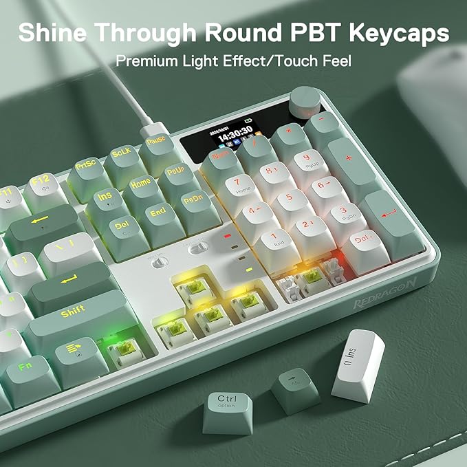 Redragon K761 Wireless Gasket Gaming Keyboard w/Hype Screen & Knob, 104 Keys Mechanical Keyboard, Easy-Control 1.14’’ TFT Info Display, 5-Layer Noise Dampening, Custom Linear Switch, Jade Cloud Color