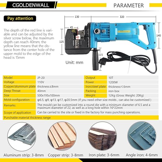 CGOLDENWALL 1200W Hydraulic Hole Punch Electric Hydraulic Hole Punching Tool Hole Digger for Steel Plate Iron Plate Aluminum Plate CE&ROHS Certificate 110V