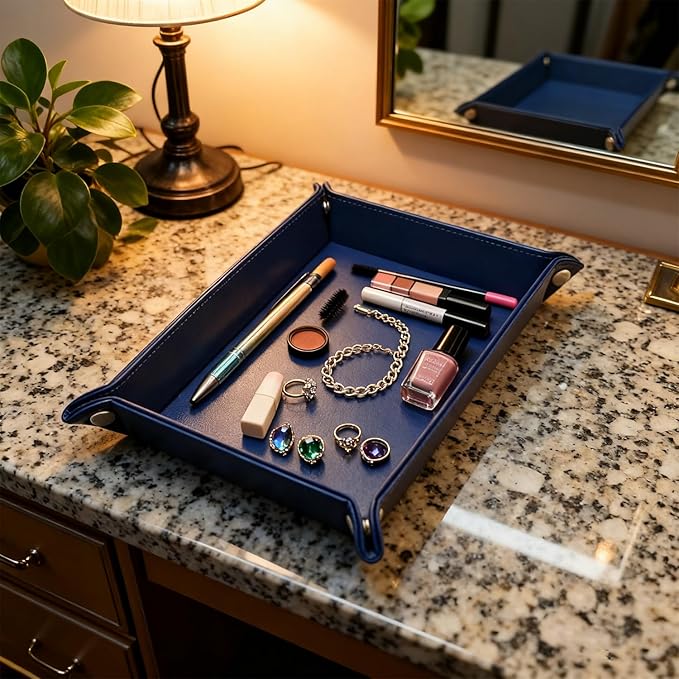 Leather Valet Tray Catchall Organizer, Navy Blue Desktop Storage for Keys, Coins, Wallet, Phone, Jewelry | Multi-Use Entryway Table, Desk & Nightstand Storage for Men & Women (Blue)