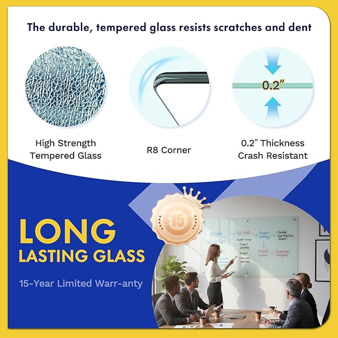 8' x 4' Magnetic Glass Dry Erase WhiteBoard: 96 x 48 Inches Wall Mounted, Infinity Frameless Whiteboard for Office, Home & School, Includes Accessory Tray, 8 Magnets, 4 Markers, and 1 Eraser