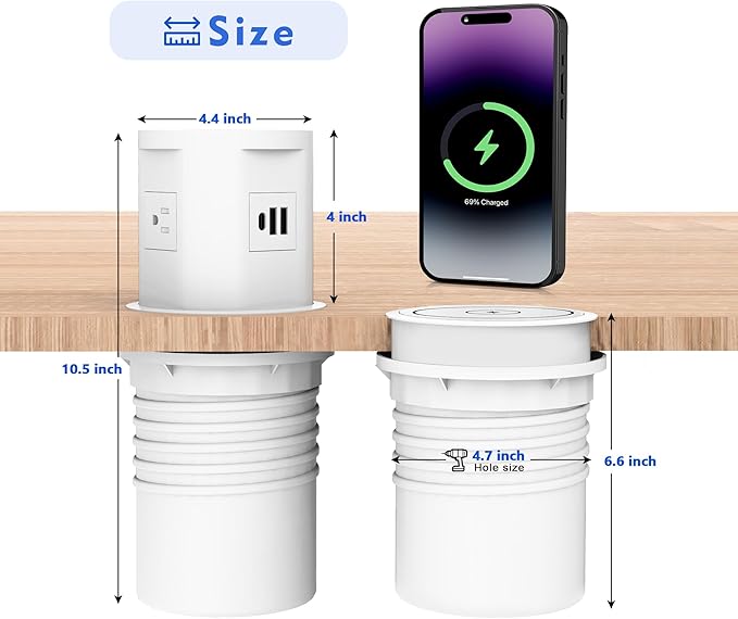 Pop Up Outlet for Countertop with 15w Wireless Charger, 4.7-Inch Pop Up Outlet with 4 Outlets and 2 USB-A, 1 USB-C, Pop Up Power Outlet for Kitchen Countertop, Conference Room, Study Room (White)