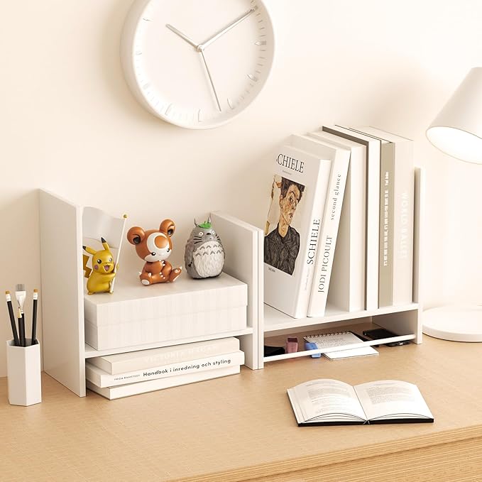 Desktop Organizer Shelf, Adjustable Wooden Double-Tier H-Shape Mini Bookcase, Multi-Use Office Storage Rack for Desk Top/Corner, Table Top Shelving & Office Organization Accessories (White)